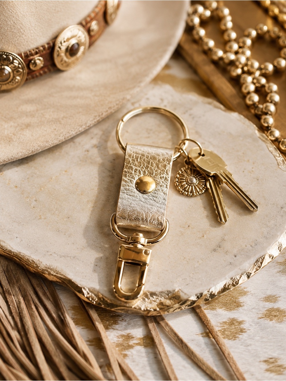 Beaudin Metallic Gold Leather Keychain Gold Hardware Boutique NWOT